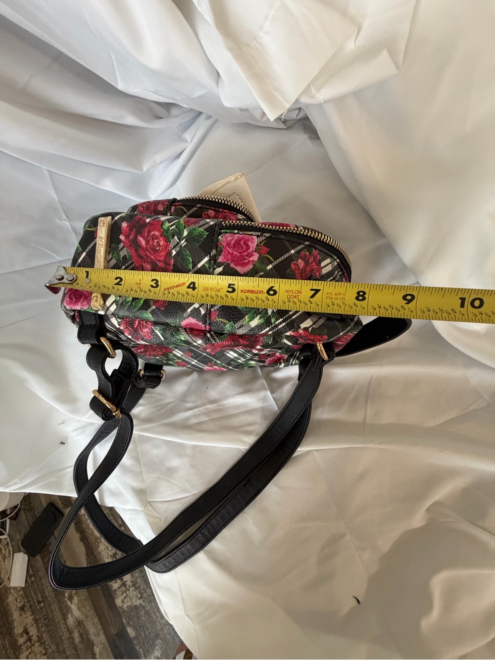 Betsey Johnson Black Plaid Floral Cat Mini Backpack - Picture 13 of 14